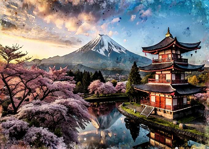Mount Fuji and Pagoda Watercolor