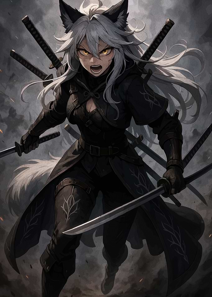 Wolf Girl Warrior with Swords
