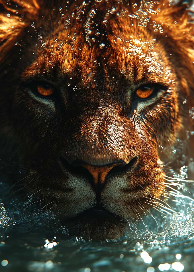 Lion in Water Close-Up