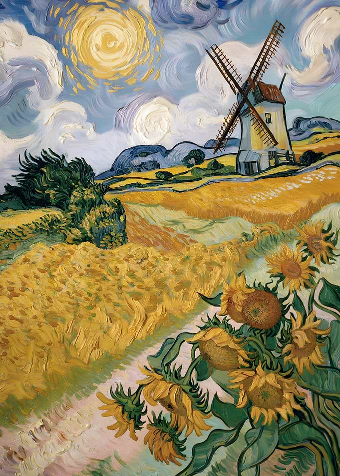 Windmill and Sunflowers Painting