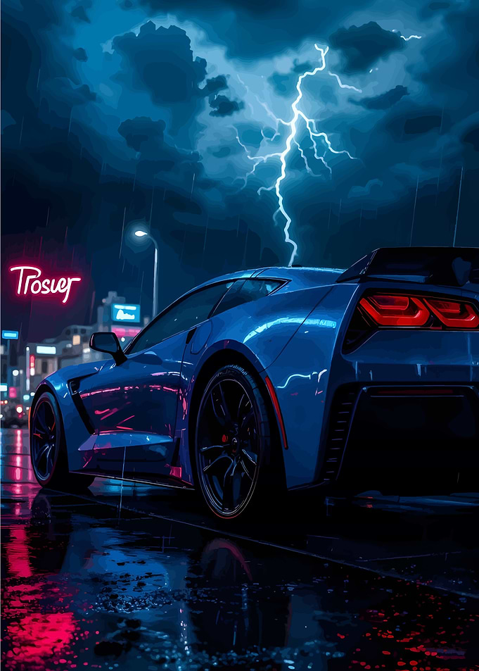 Blue Sports Car Under Lightning Storm