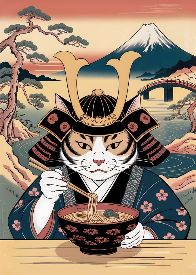 Samurai Cat Eating Ramen Ukiyo-e Style