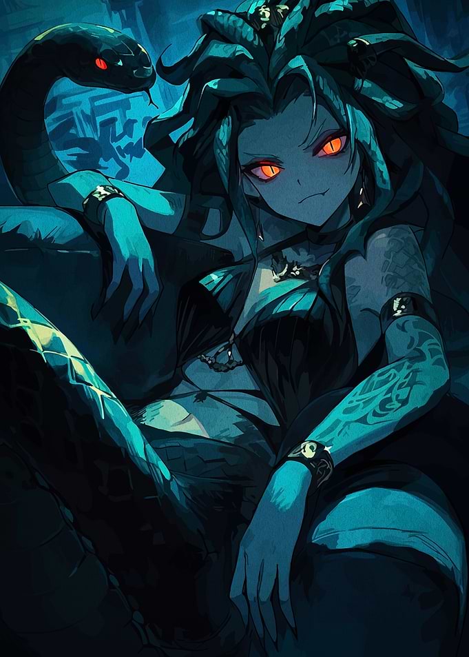 Medusa Illustration with Snakes and Turquoise
