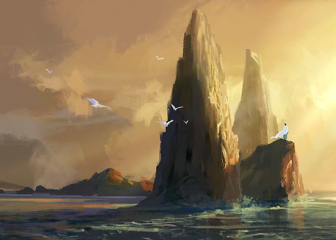 Coastal Cliffs and Figure at Sunset
