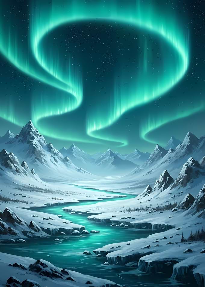 Aurora Borealis over Snowy Mountains