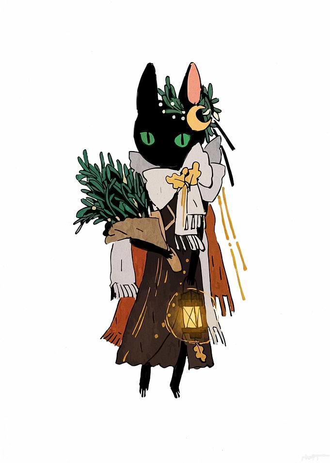 Whimsical Cat with Lantern and Greens