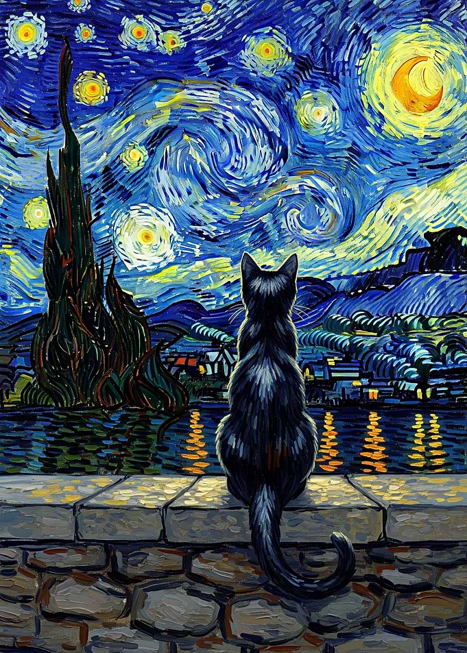 Curious black cat gazing at swirling starry night sky with crescent moon