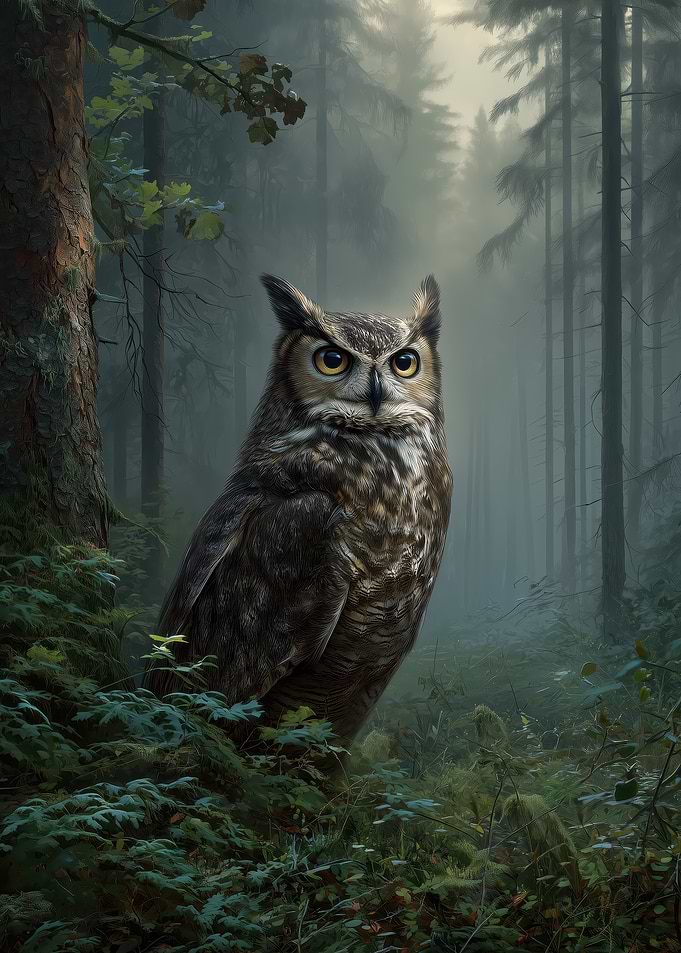 Owl in Misty Forest