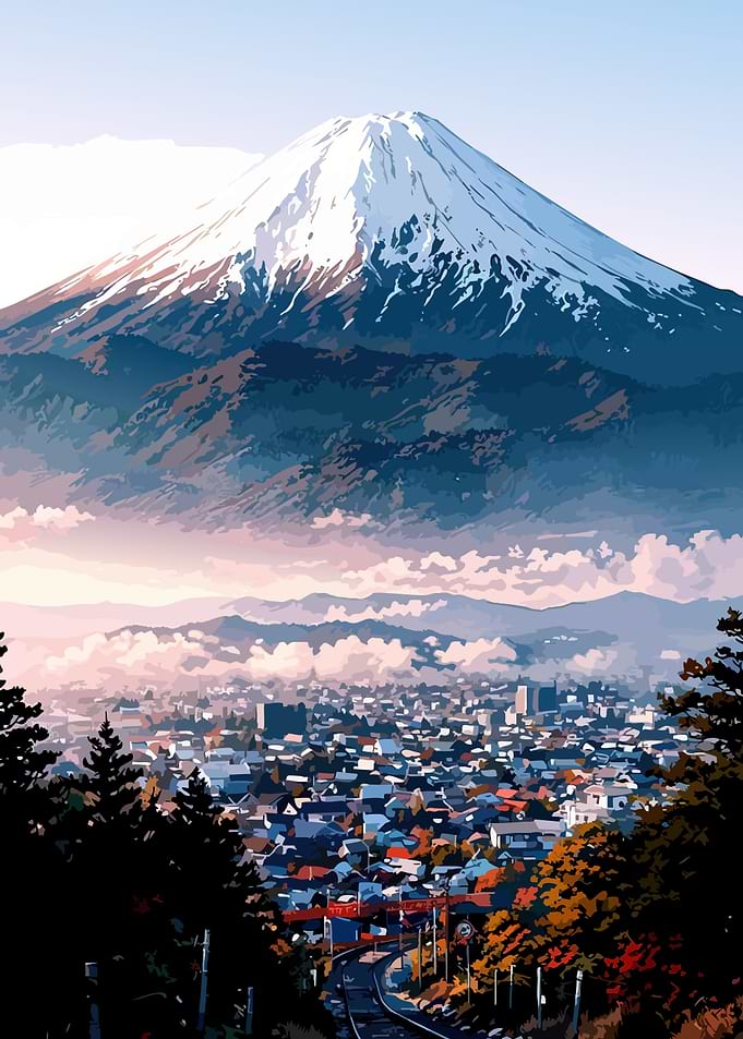 Mount Fuji and Cityscape Illustration