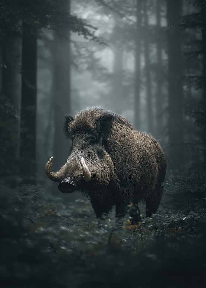 Wild Boar in Misty Forest