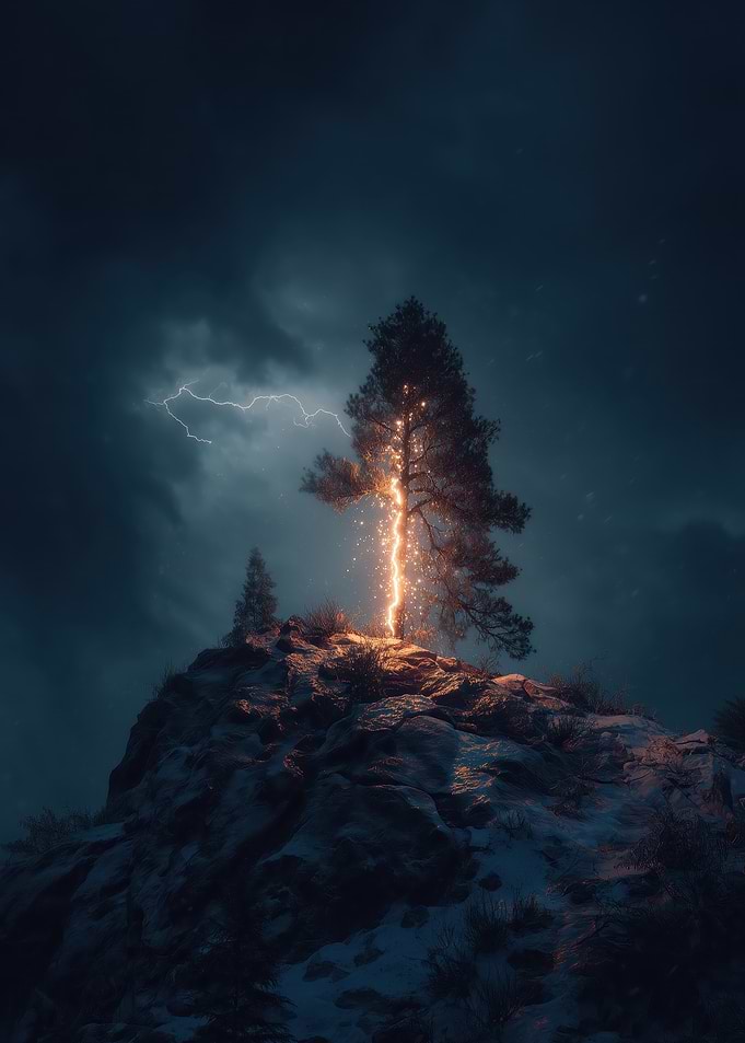 Lightning Strikes a Tree on a Hill