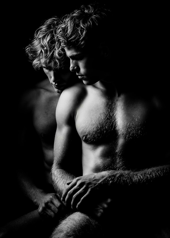Intimate Embrace Black White Gay Couple Photography