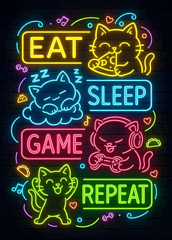 Eat Sleep Game Repeat Neon Cats