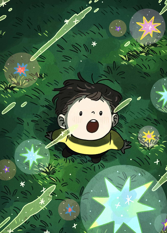 Boy Gazing at Floating Star Orbs