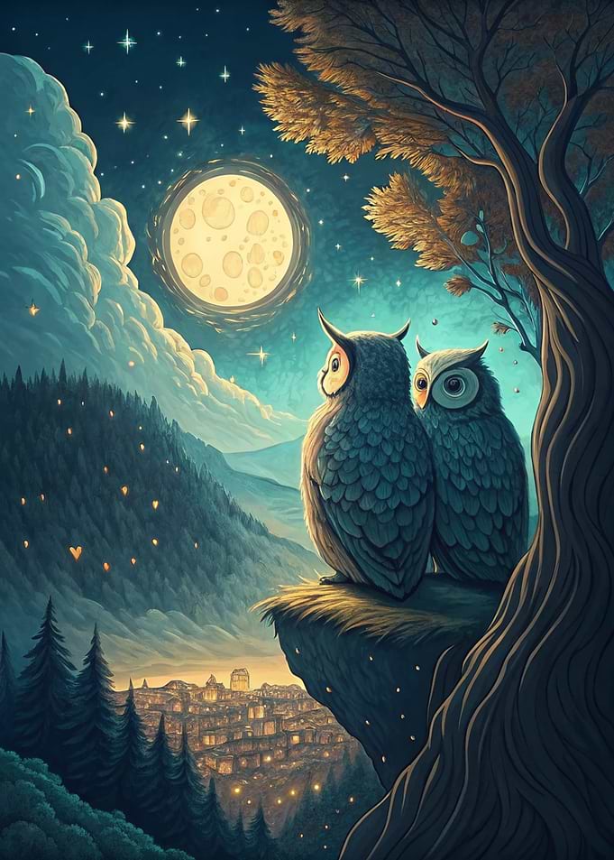 Two Owls Under the Moonlight
