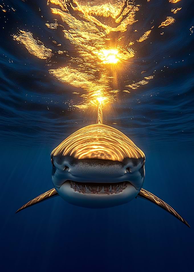Shark underwater with sun reflection