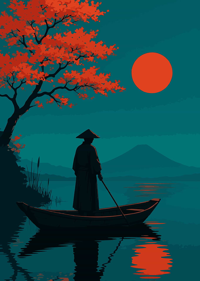 Japanese Boatman Under Red Moon