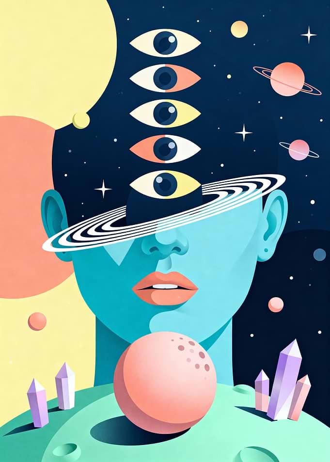 Surreal Cosmic Portrait with Eyes and Planets