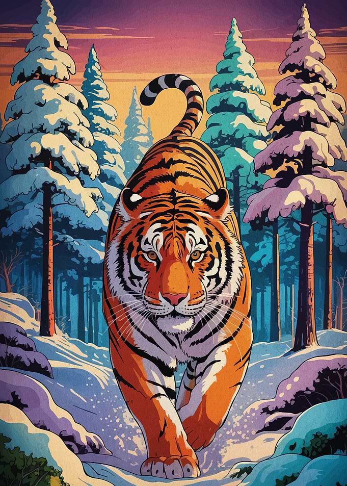 Tiger in Winter Forest Illustration