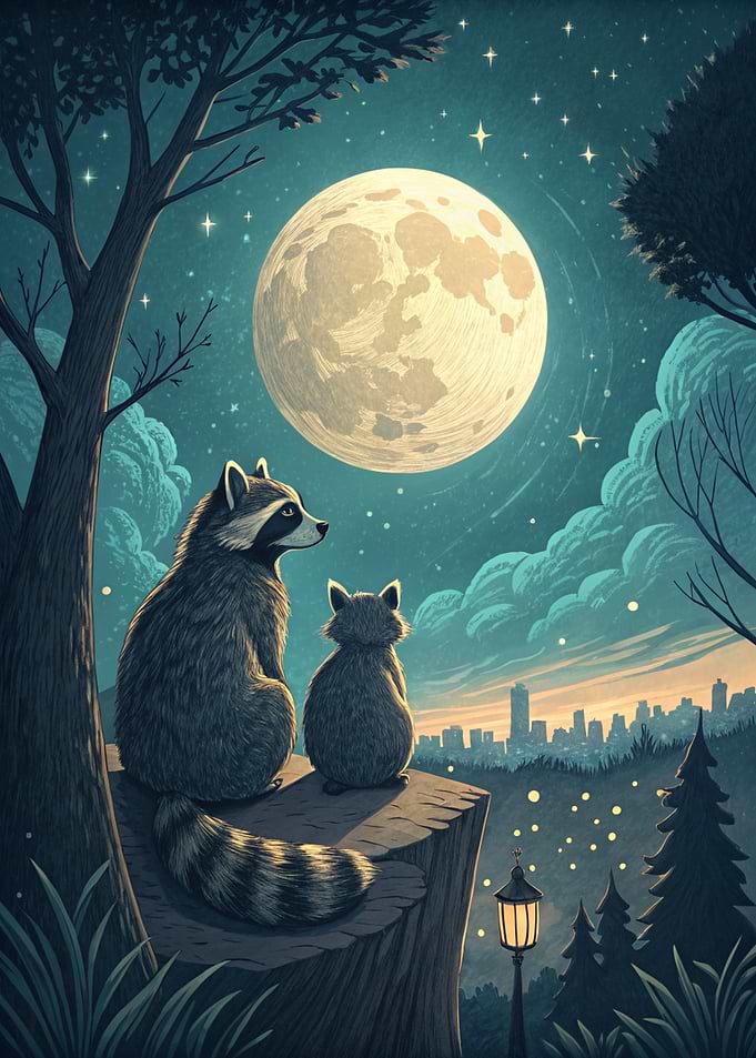 Raccoons under the moonlight