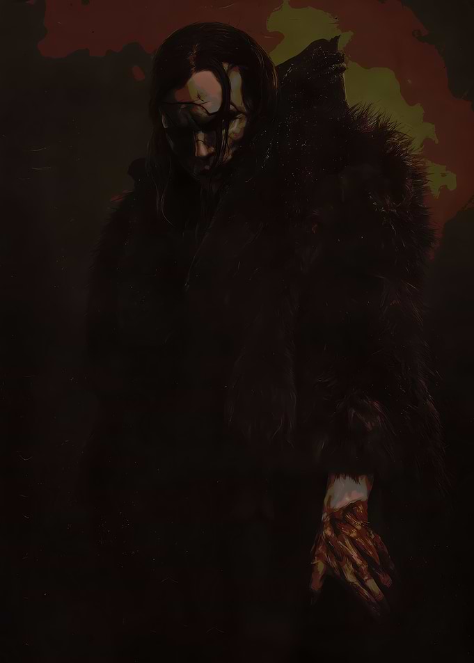 Dark Figure with Fur and Bloody Hand