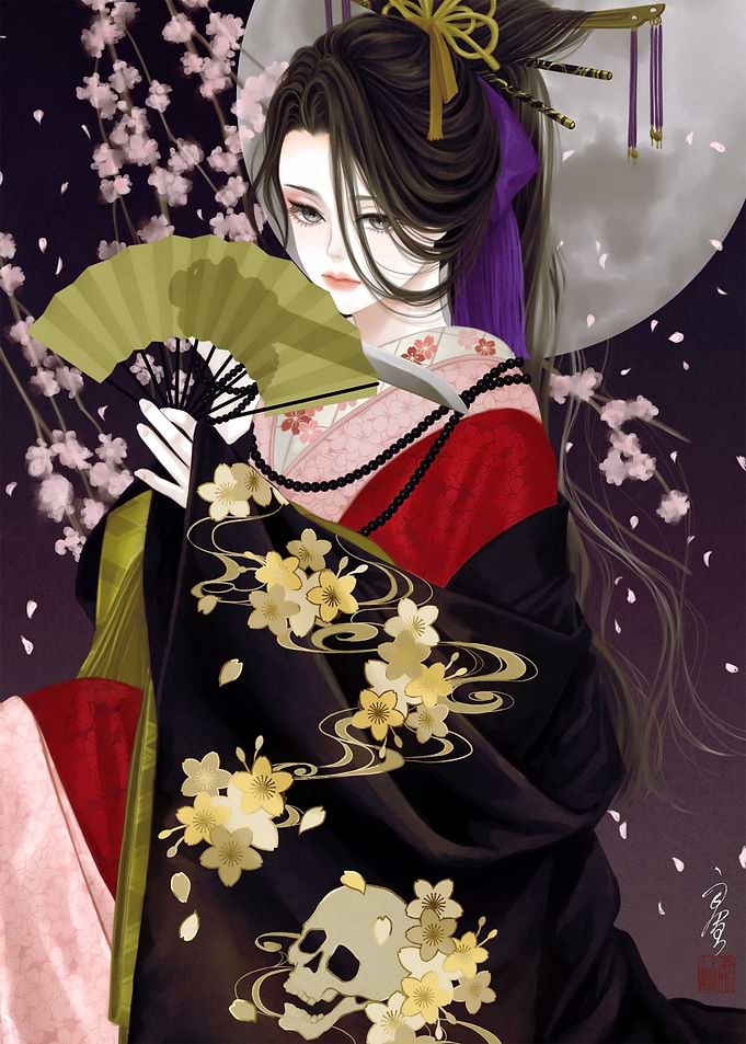 Geisha with Fan and Skull Kimono