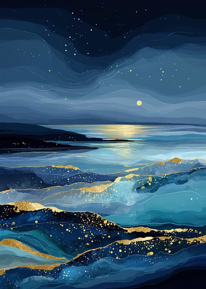 Abstract Blue and Gold Seascape Painting