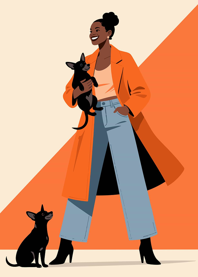 Woman with dogs in orange coat