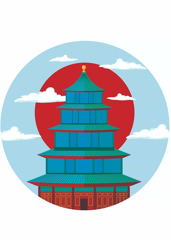 Asian Pagoda with Red Sun