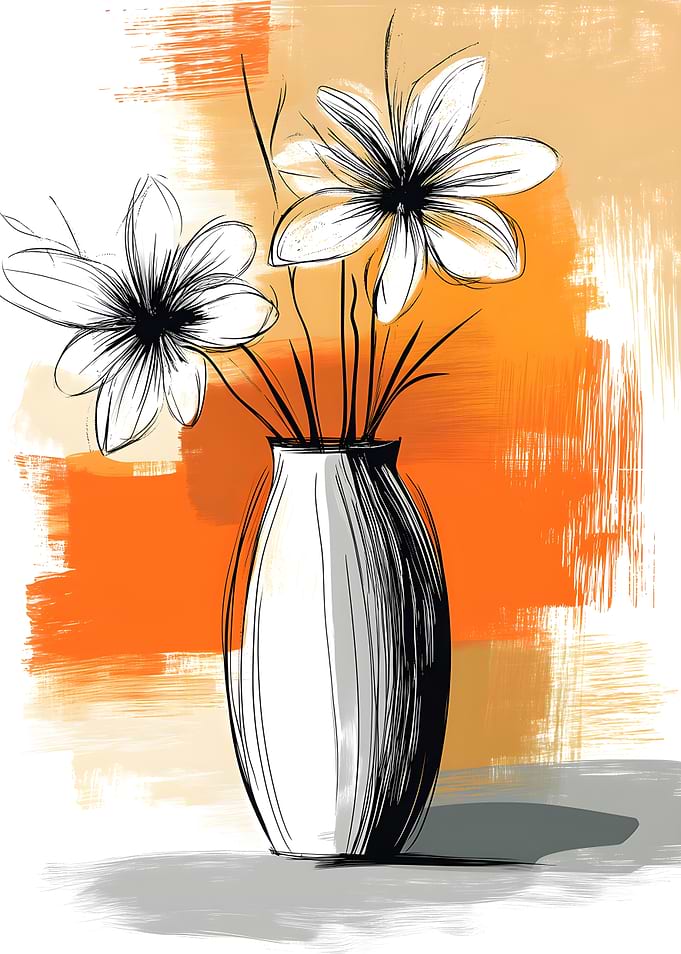 Floral Vase Sketch with Orange Background