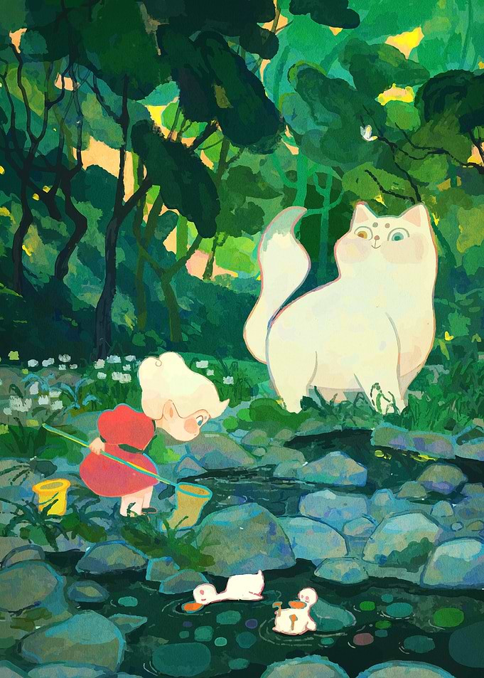Girl, Cat, and Ducks by Stream