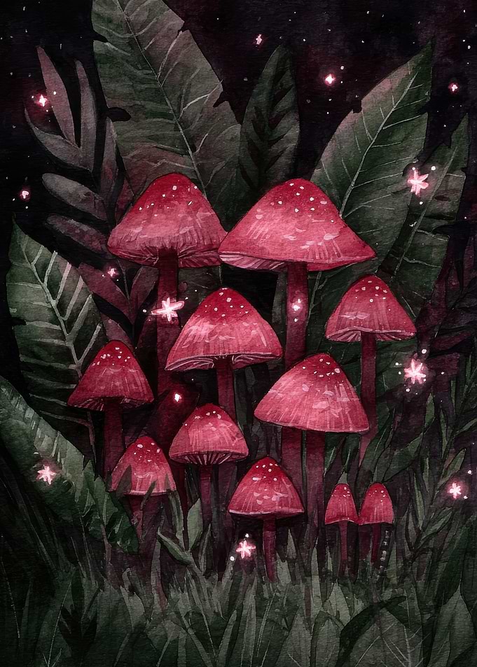 Watercolor Red Mushrooms in Forest