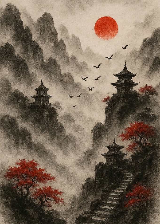 Japanese Landscape with Pagodas and Birds