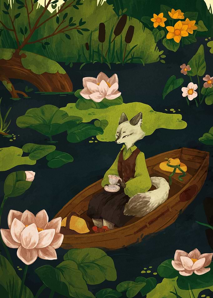 Fox enjoying tea on a boat