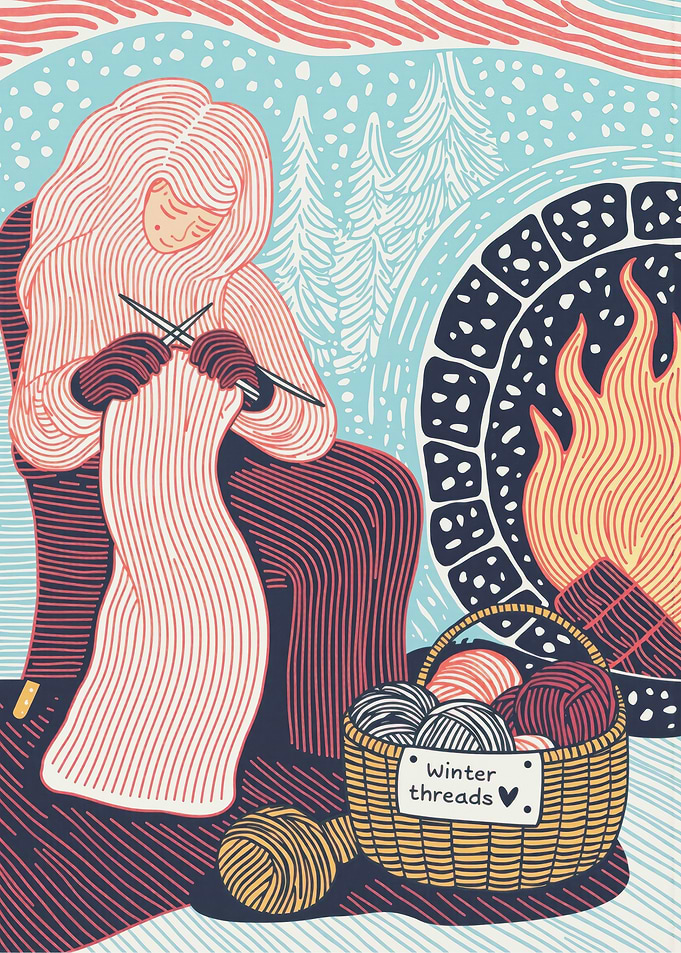 Winter Knitting by the Fireplace