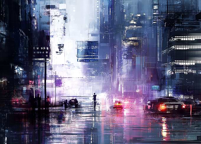 Abstract Cyberpunk Cityscape Painting