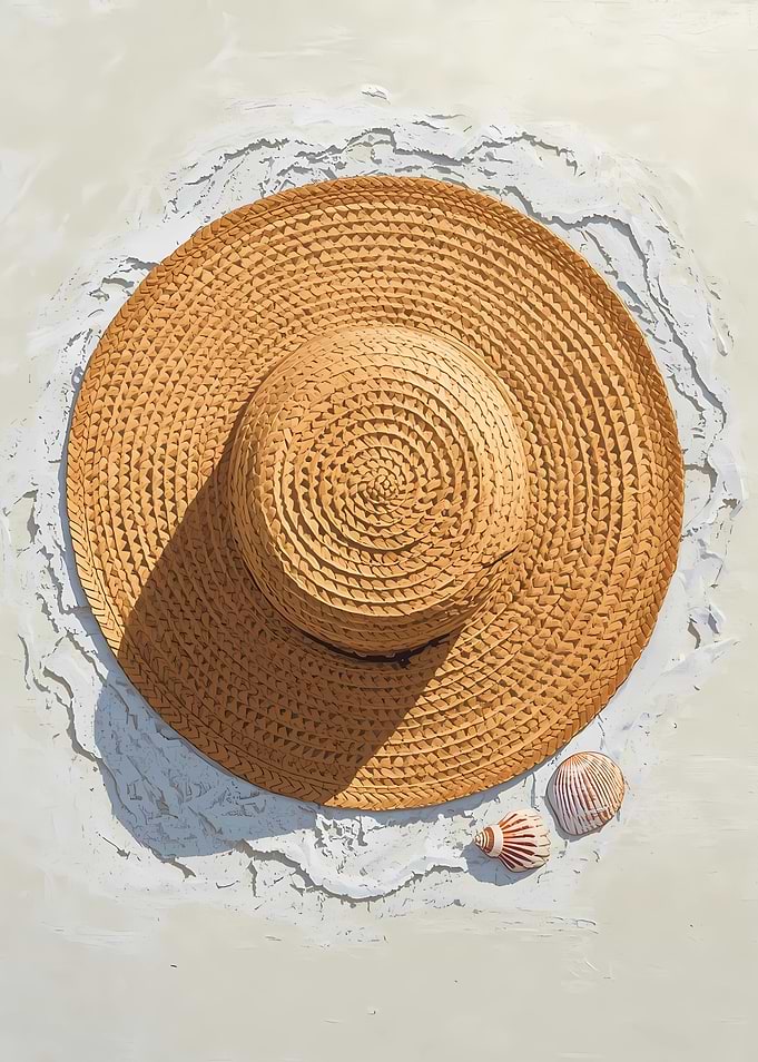 Straw hat and seashells on sand