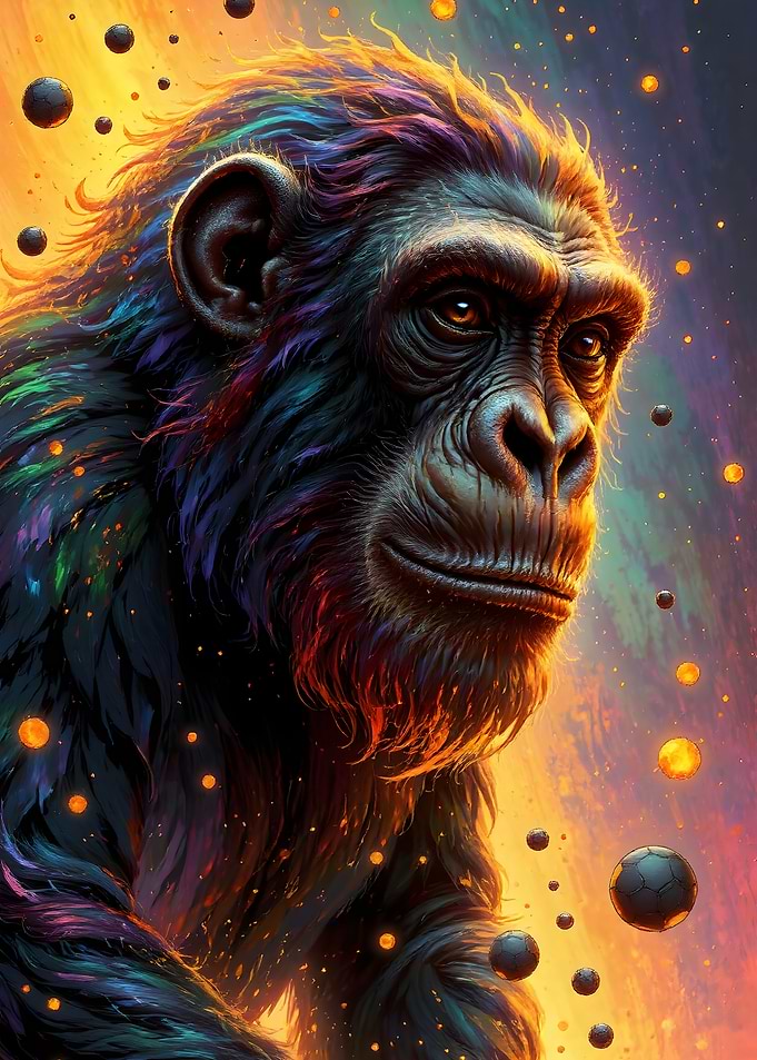 Colorful Chimpanzee Portrait with Floating Orbs