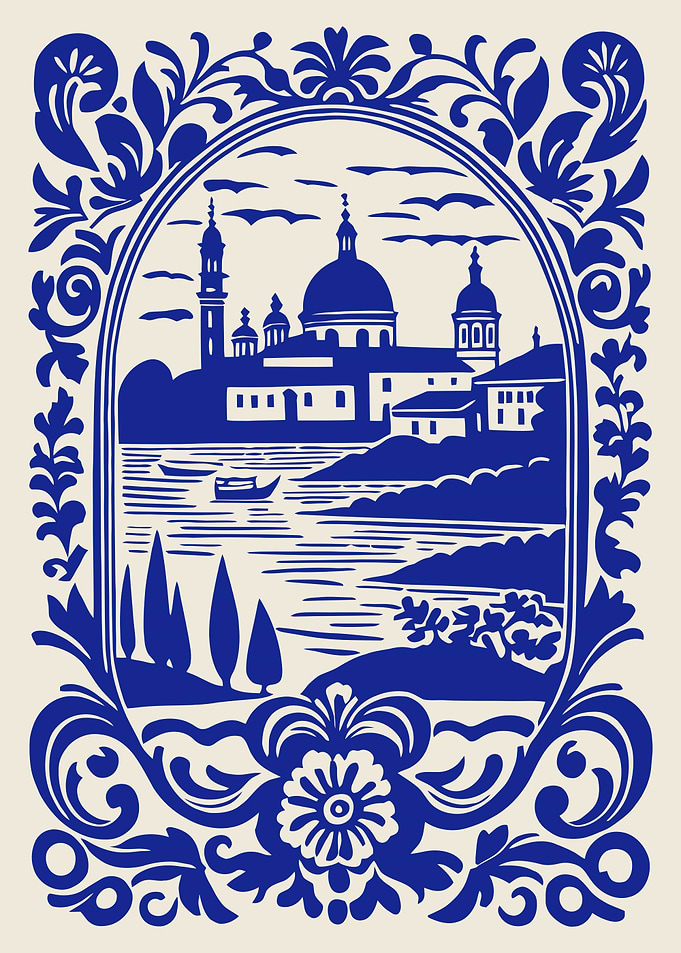 Blue and White Landscape Illustration