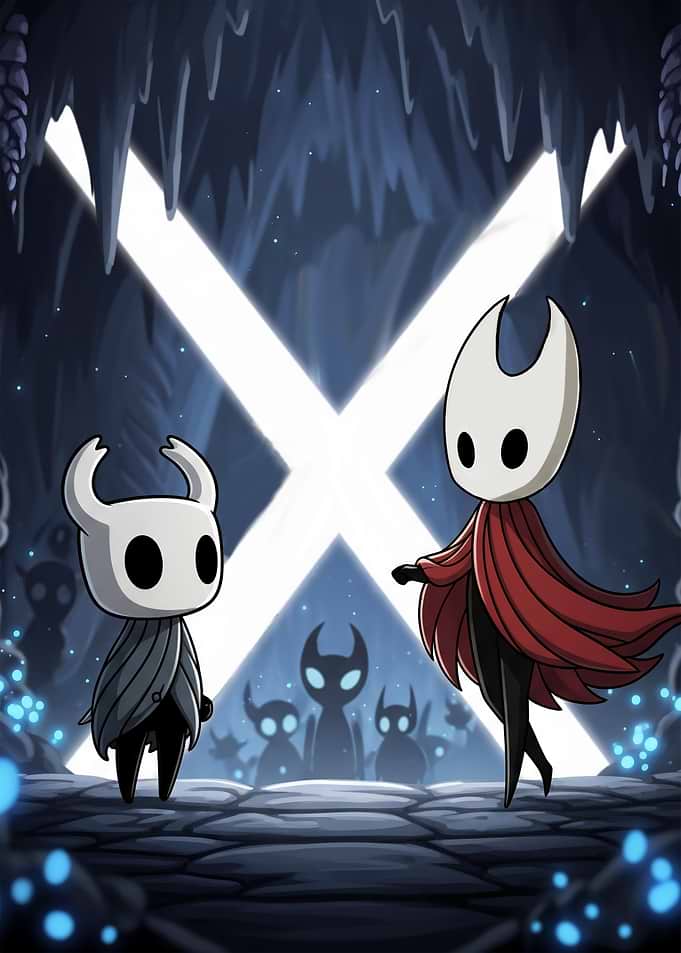 Hollow Knight characters in a cave