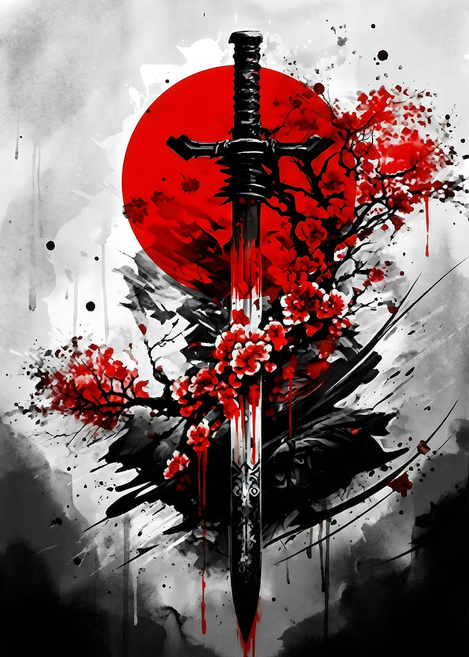 Sword, Cherry Blossoms, and Red Moon