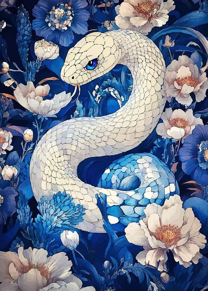 White Snake in Blue Floral Garden