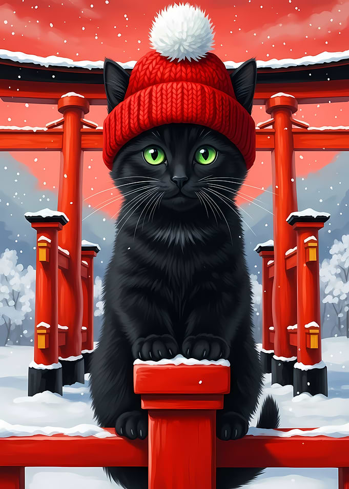 Winter Cat in Red Hat