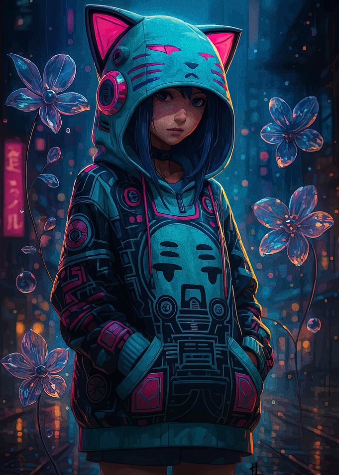 Cyberpunk Girl with Cat Hoodie