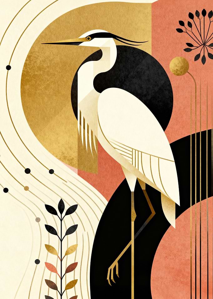 Elegant Heron Art Deco Illustration