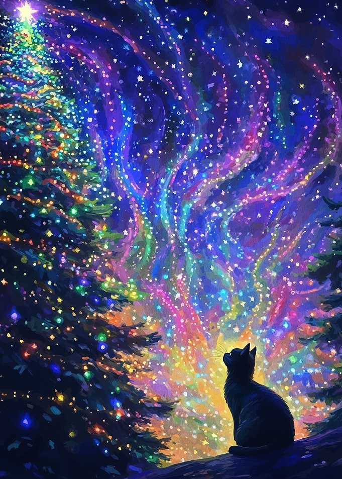 Cat Gazing at Christmas Tree Lights