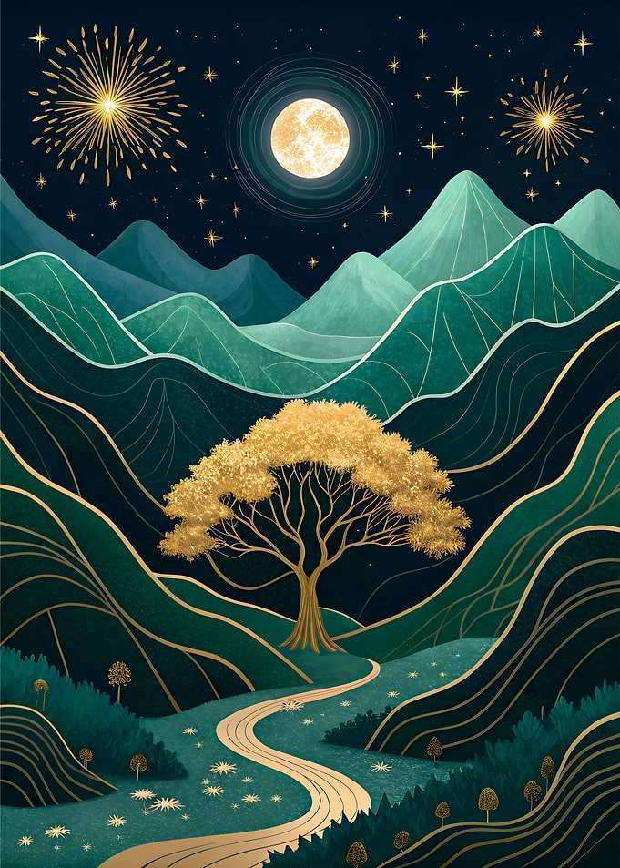 Mystical Night A Glowing Golden Tree Under Starry Fireworks Fantasy Landscape Art