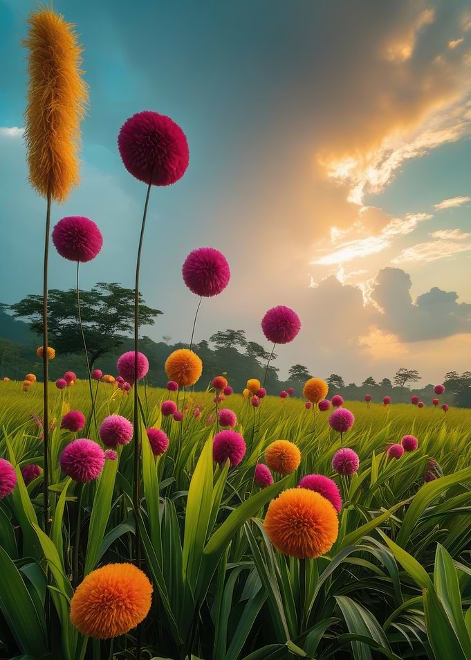 Field of Pom-Pom Flowers at Sunset