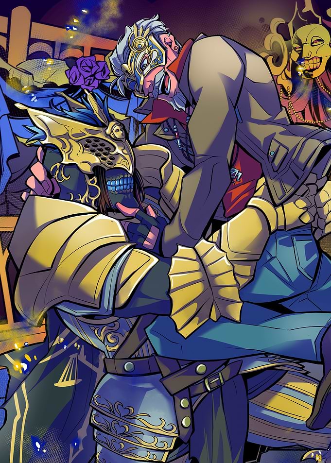 Embracing Figures in Masks and Armor