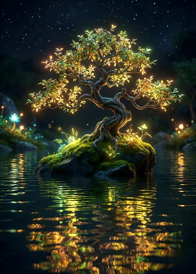 Neon Glowing Bonsai Tree in Water
